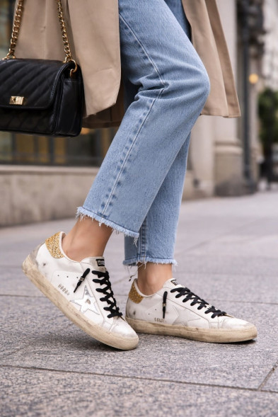 Женские кеды Golden Goose Super Star Donna Bianche in Pelle Con Talloncino Glitter
