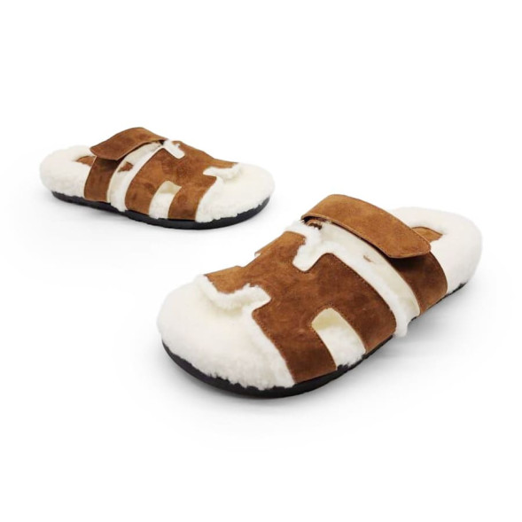 Женские сандалии Hermes Flip-flops Wool/Suede Brown