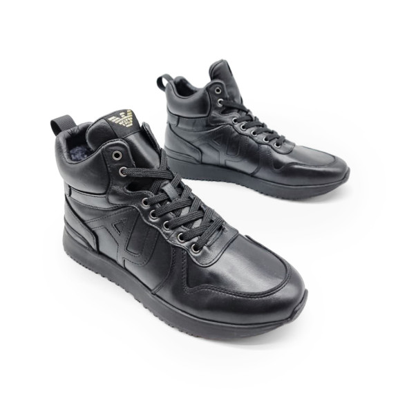 Мужские зимние кроссовки Armani Excahange Winter Leather Black Hight